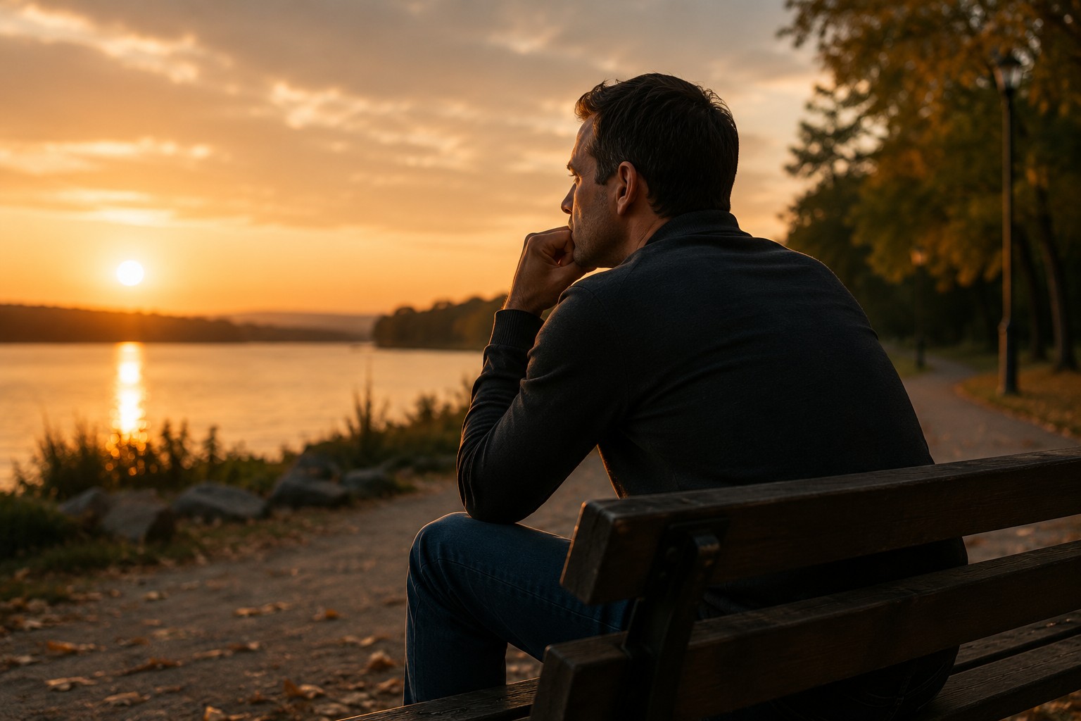 Man sitting alone on a bench beside a lake at sunset, taking time to think.
