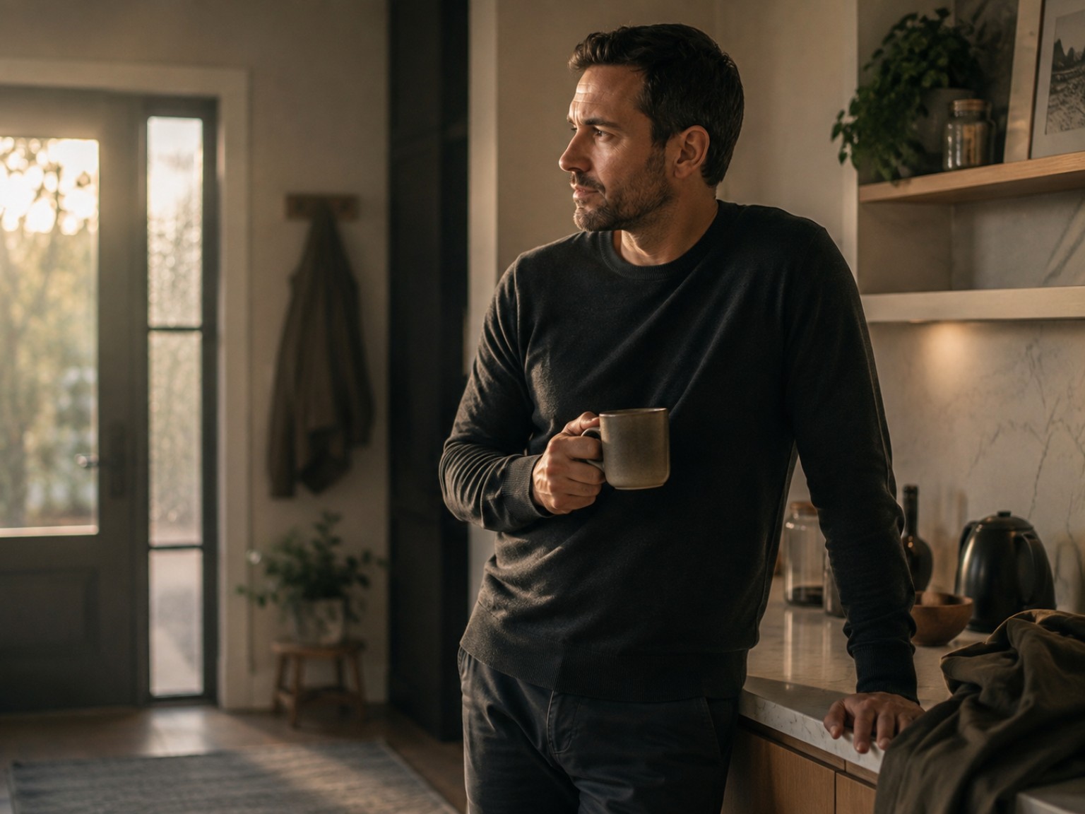 Man standing quietly at a kitchen counter with a mug, taking a moment before acting on an impulse.