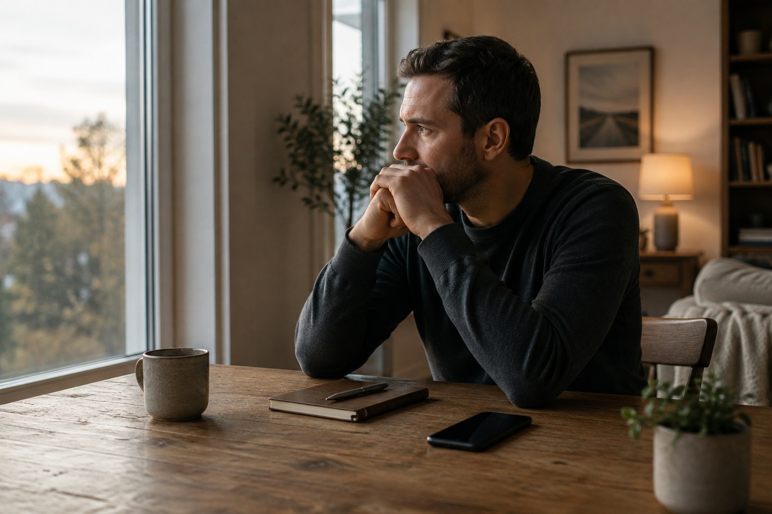Man sitting at a table beside a window, pausing before using his phone.