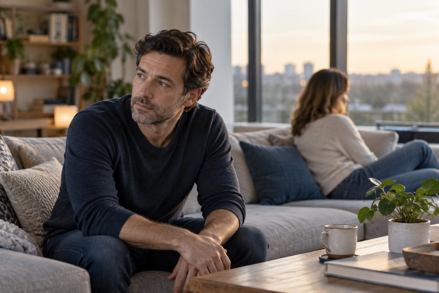 Man sitting thoughtfully in a shared living room while his partner remains softly out of focus in the background.