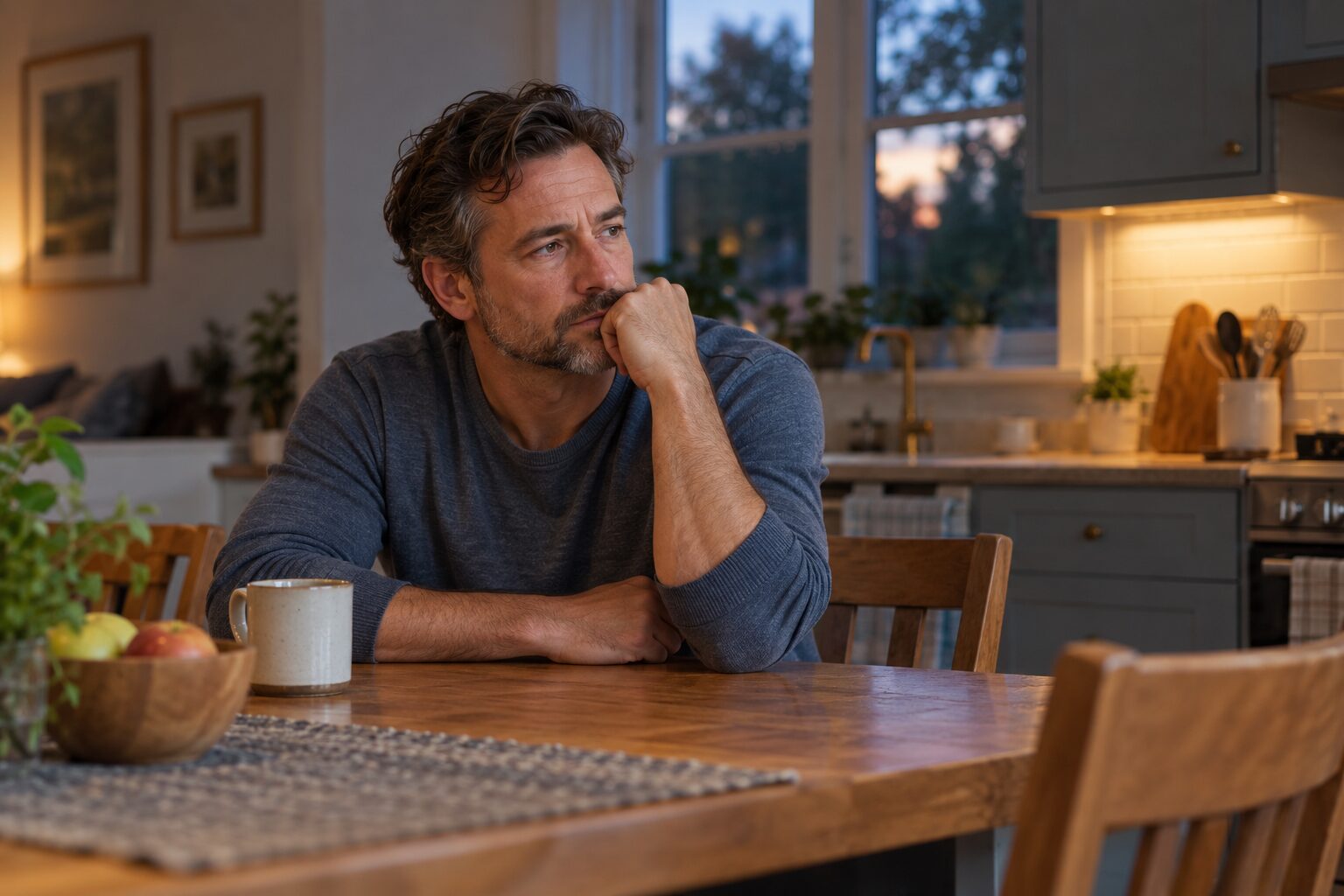 Man sitting quietly at a kitchen table after a difficult conversation, reflecting in soft evening light.
