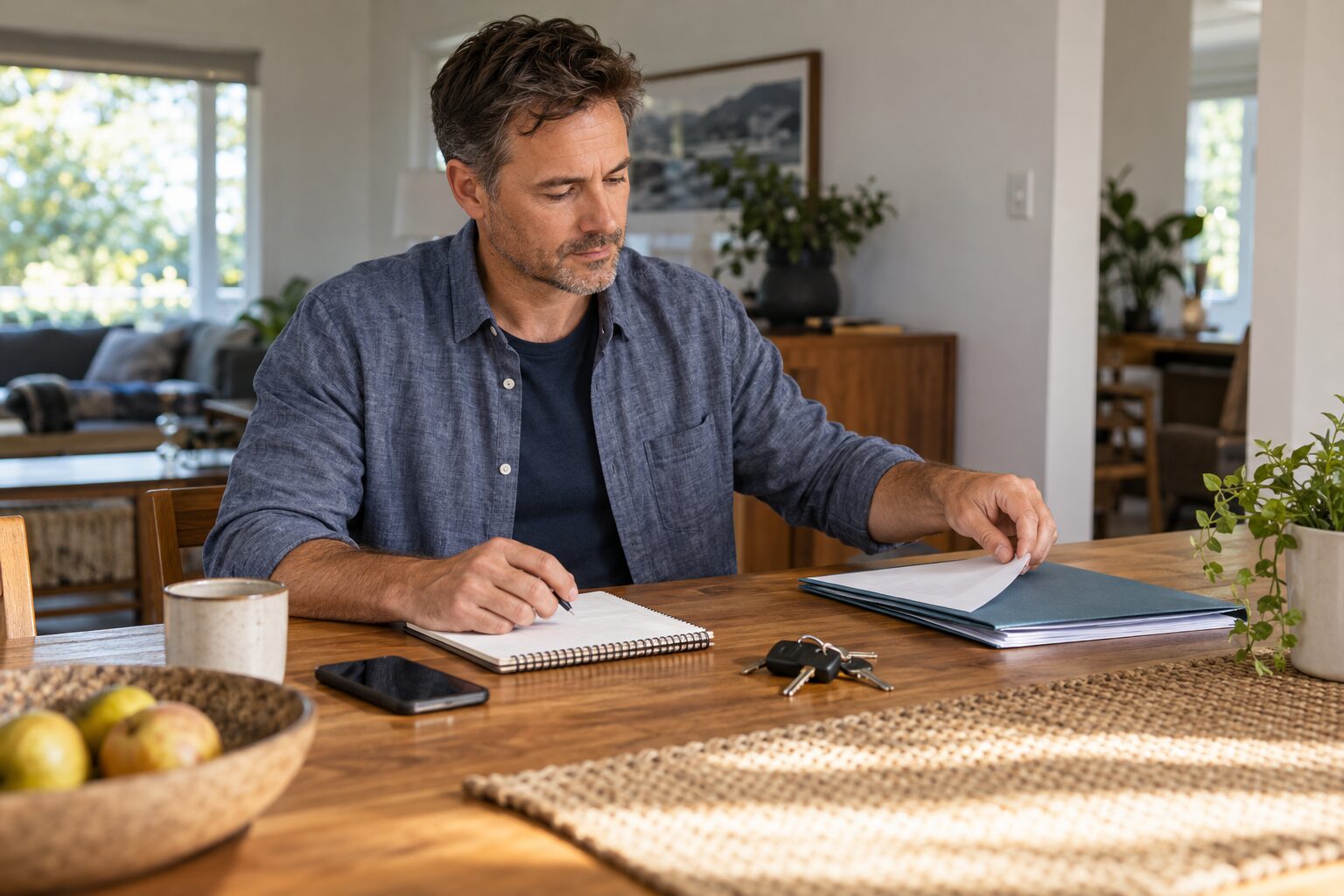 Man calmly organizing a notebook, keys, and household papers at a dining table while planning practical next steps.