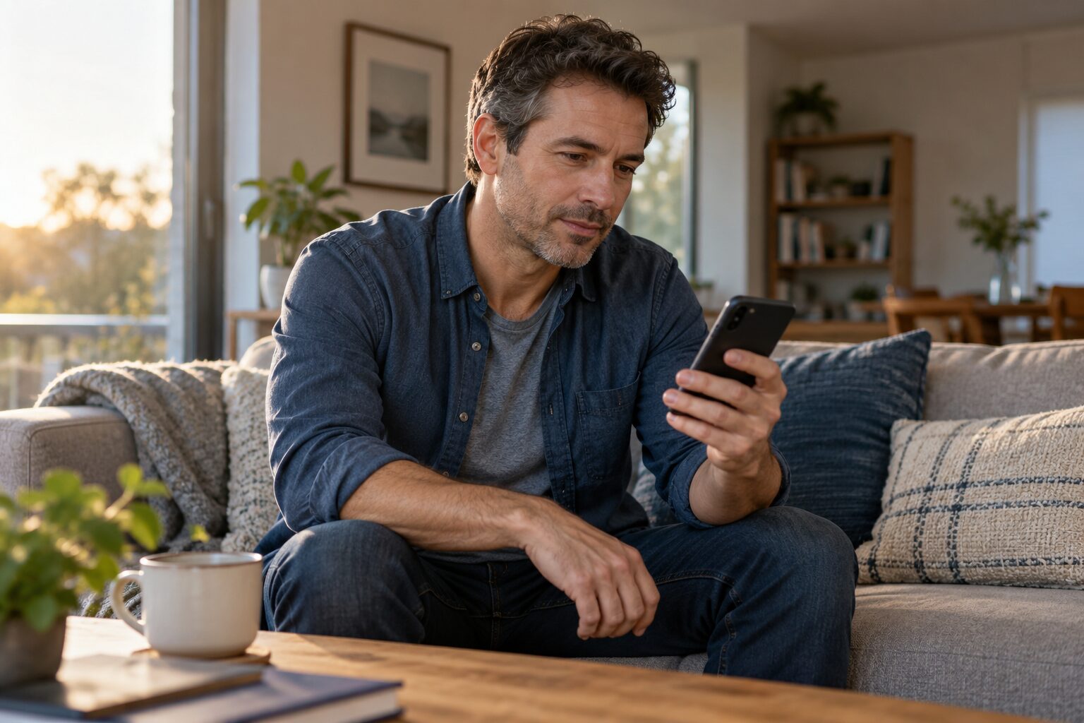 Separated man looking thoughtfully at his phone after receiving a message in an ordinary home setting.