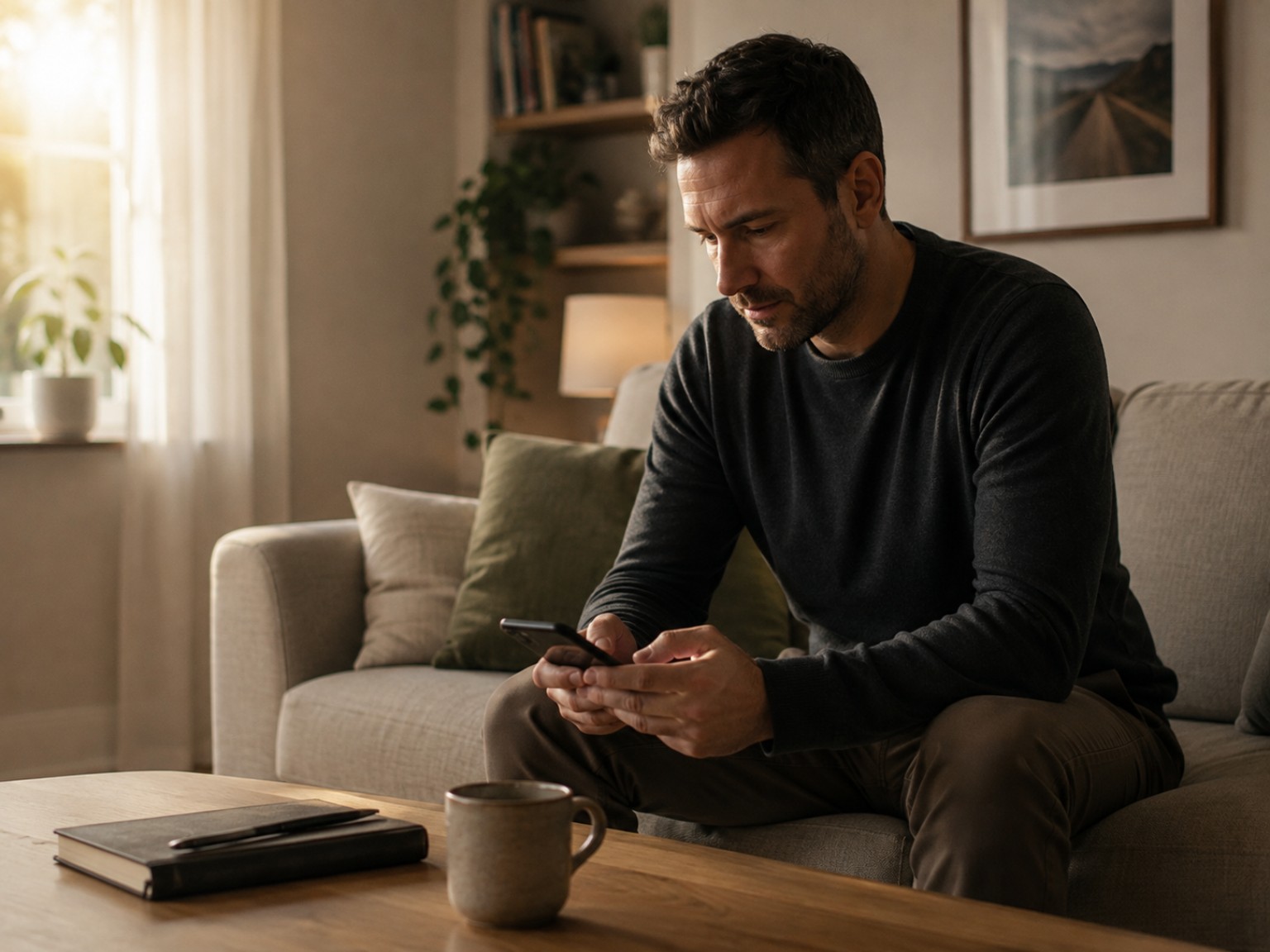 Man sitting on a sofa looking at his phone before deciding whether to send a message.