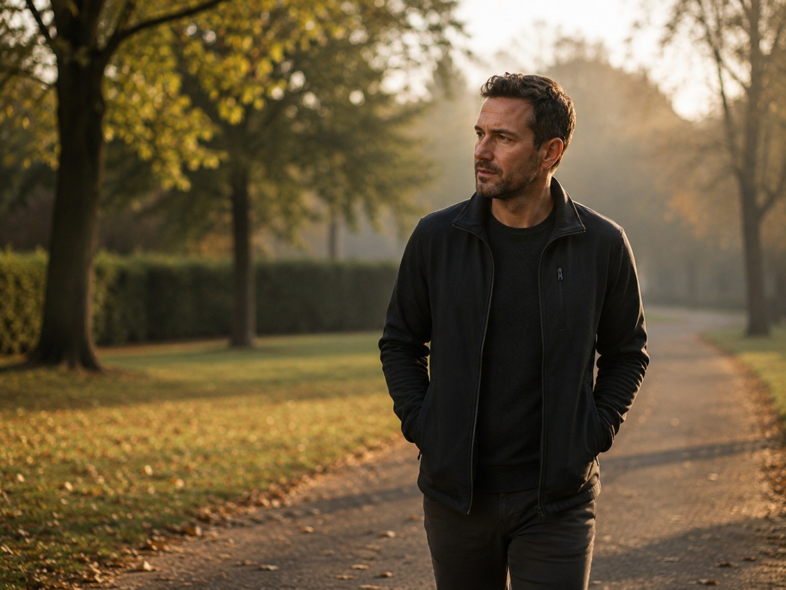 Man walking alone on a quiet park path, taking time to think through an uncertain situation.