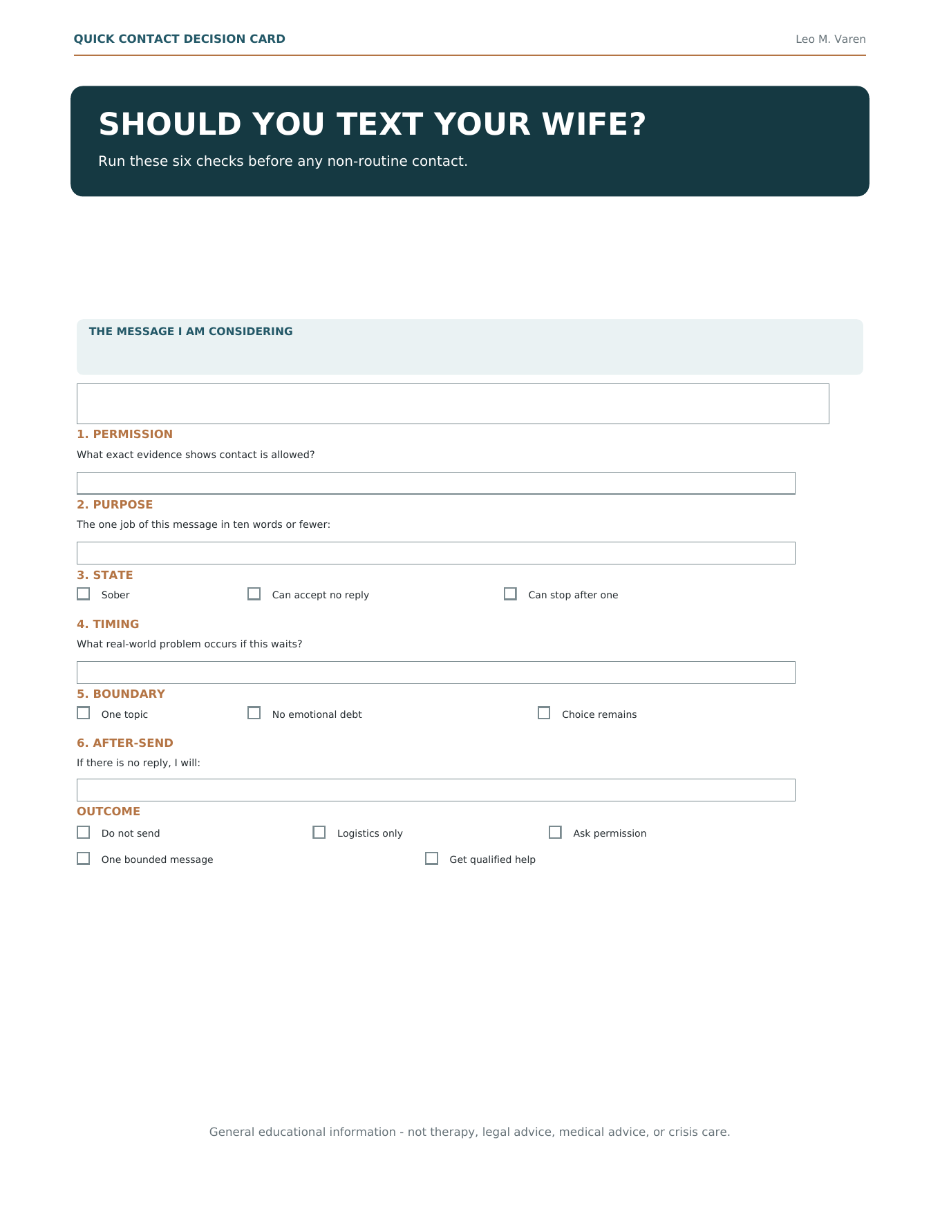 Preview of Quick Contact Decision Card free resource by Leo M. Varen
